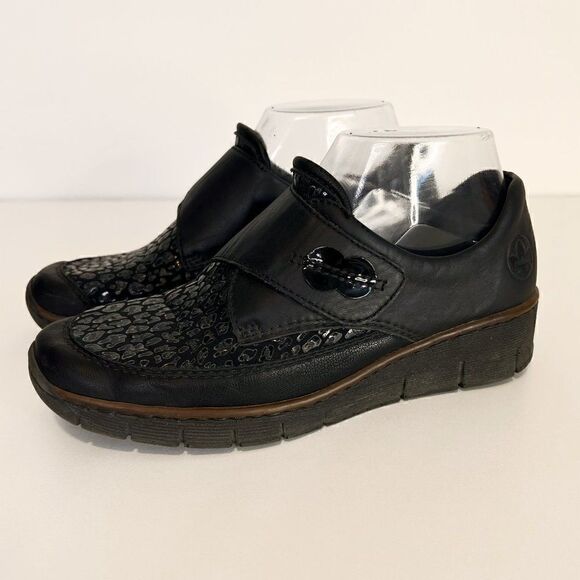 Rieker Black Subtle Leopard Print Mini Wedge Hook & Loop Comfort Shoes - Picture 3 of 6
